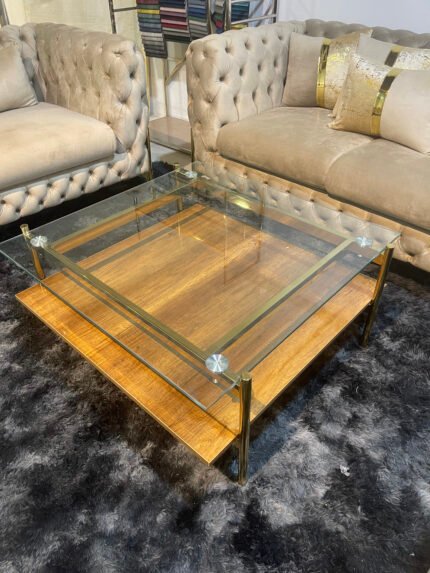 Table basse carrée avec plateau en verre trempé et base en bois